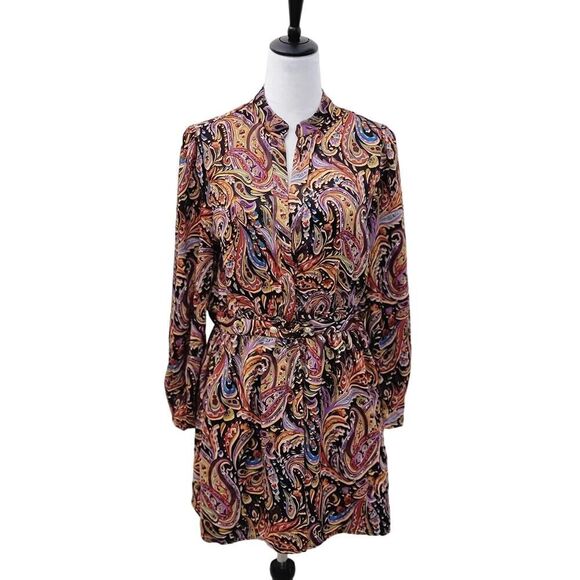 Zara Boho Paisley Mini Dress Long Sleeve Gold Details V Neck Multicolor Size L - Picture 7 of 16